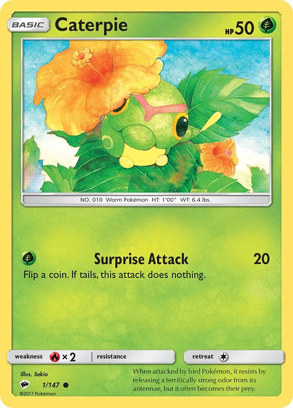 Pokemon Single Card - Burning Shadows 001/147 Caterpie Common Pack Fresh