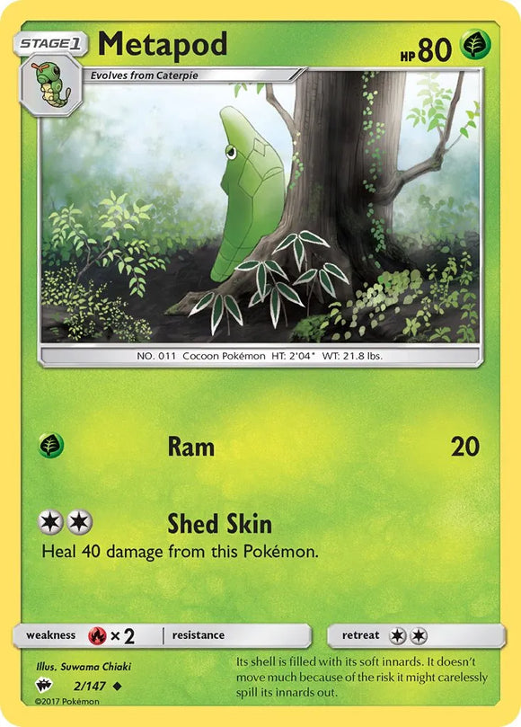 Pokemon Single Card - Burning Shadows 002/147 Metapod Uncommon Pack Fresh