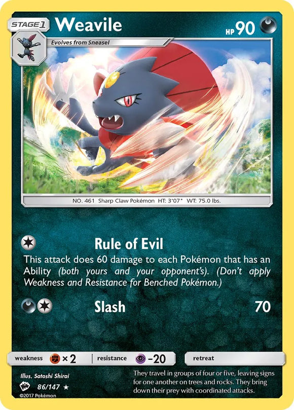 Pokemon Single Card - Burning Shadows 086/147 Weavile Rare Pack Fresh