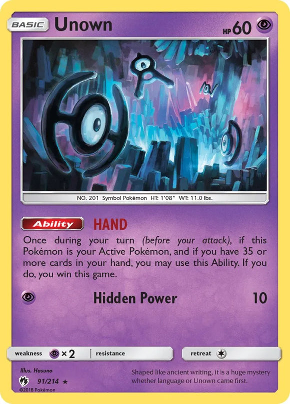 Pokemon Single Card - Lost Thunder 091/214 Unown Rare Pack Fresh