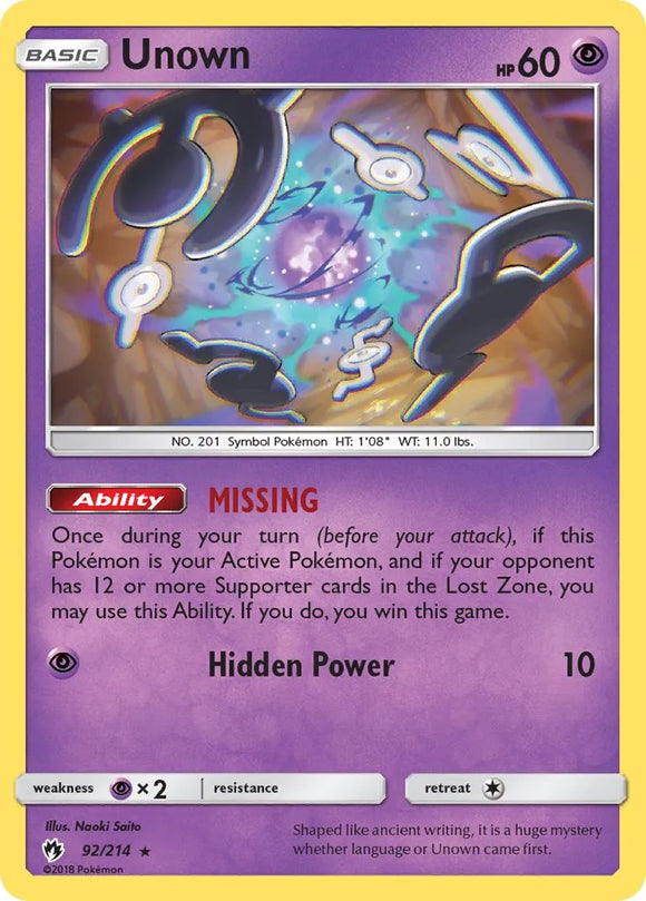 Pokemon Single Card - Lost Thunder 092/214 Unown Rare Pack Fresh