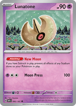 Pokemon Single Card - Scarlet & Violet Obsidian Flames 092/197 Lunatone Uncommon Pack Fresh