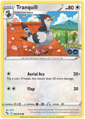 Pokemon Single Card - Pokemon GO 062/078 Tranquill Common Pack Fresh