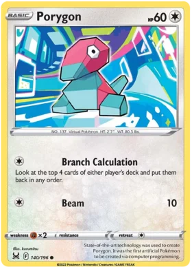 Pokemon Single Card - Lost Origin 140/196 Porygon Common Pack Fresh