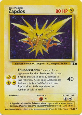 Pokemon Single Card - Fossil Set 15/62 Zapdos Rare Holo Near Mint