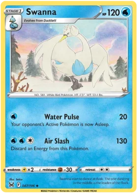 Pokemon Single Card - Lost Origin 047/196 Swanna Uncommon Pack Fresh