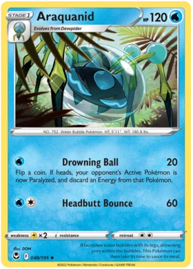 Pokemon Single Card - Silver Tempest 048/195 Araquanid Uncommon Pack Fresh