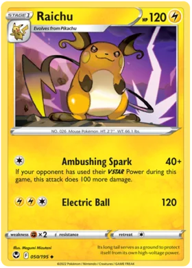 Pokemon Single Card - Silver Tempest 050/195 Raichu Uncommon Pack Fresh