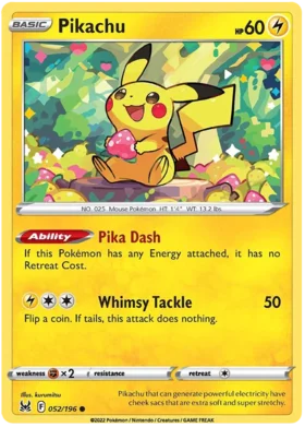 Pokemon Single Card - Lost Origin 052/196 Pikachu Common Pack Fresh