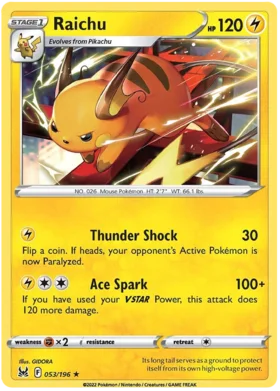 Pokemon Single Card - Lost Origin 053/196 Raichu Rare Pack Fresh