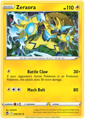 Pokemon Single Card - Silver Tempest 056/195 Zeraora Rare Pack Fresh