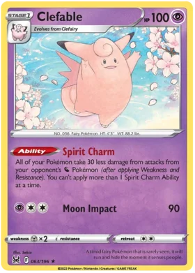 Pokemon Single Card - Lost Origin 063/196 Clefable Rare Pack Fresh