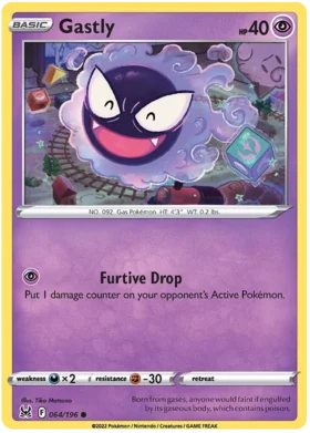 Pokemon Single Card - Lost Origin 064/196 Gastly Common Pack Fresh