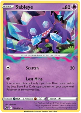 Pokemon Single Card - Lost Origin 070/196 Sableye Holo Rare Pack Fresh