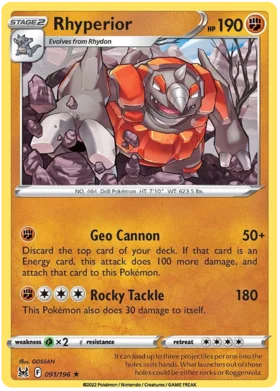 Pokemon Single Card - Lost Origin 091/196 Rhyperior Rare Pack Fresh