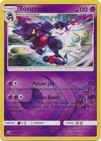 Pokemon Single Card - Burning Shadows 055/147 Toxicroak Reverse Holo Rare Pack Fresh