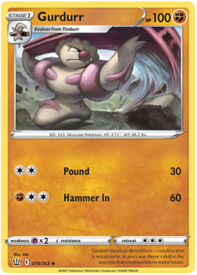 Pokemon Single Card - Battle Styles 074/163 Gurdurr Uncommon Pack Fresh