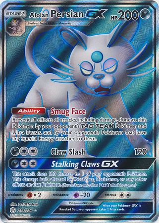 Pokemon Single Card - Cosmic Eclipse 219/236 Alolan Persian GX Ultra Rare Full Art Pack Fresh