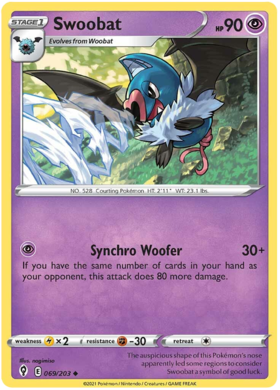 Pokemon Single Card - Evolving Skies 069/203 Swoobat Uncommon Pack Fresh