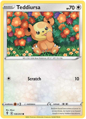 Pokemon Single Card - Evolving Skies 126/203 Teddiursa Common Pack Fresh