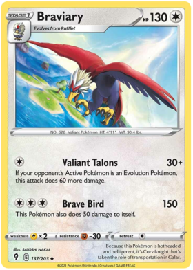 Pokemon Single Card - Evolving Skies 137/203 Braviary Uncommon Pack Fresh