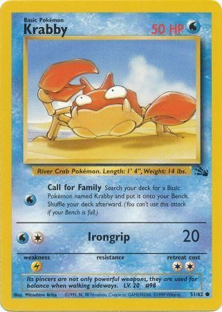 Pokemon Single Card - Fossil Set 51/62 Krabby Common Near Mint Condition