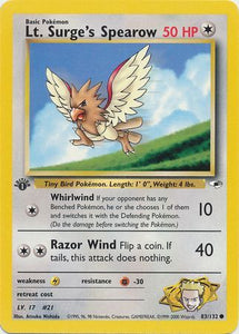 Pokemon Single Card - Gym Heroes 1st Edition 83/132 Lt. Surge's Spearow Common Pack Fresh