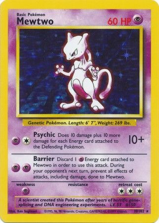 Pokemon Single Card - Base Set 010/102 Mewtwo Rare Holo Heavy Play