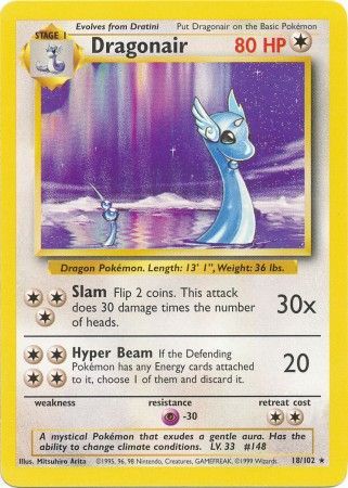 Pokemon Single Card - Base Set 018/102 Dragonair Rare Light Played Condition