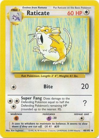 Pokemon Single Card - Base Set 040/102 Raticate Uncommon Near Mint