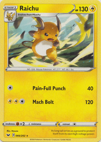 Pokemon Single Card - Sword & Shield 066/202 Raichu Rare Pack Fresh