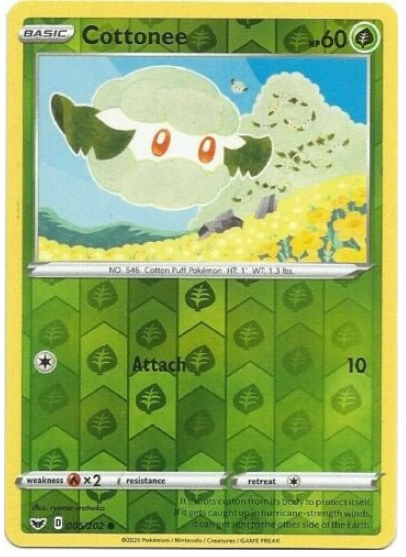 Pokemon Single Card - Sword & Shield 005/202 Cottonee Reverse Holo Common Pack Fresh