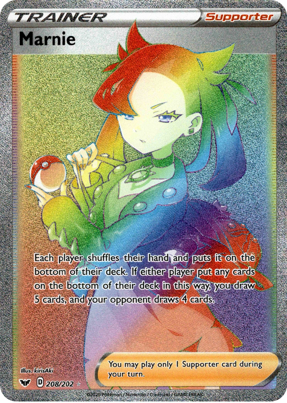 Pokemon Single Card - Sword & Shield 208/202 Marnie Rainbow Secret Rare Full Art Pack Fresh