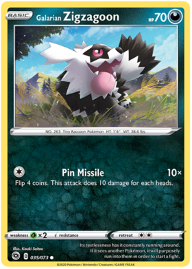 Pokemon Single Card - Champions Path 035/073 Galarian Zigzagoon Common Pack Fresh