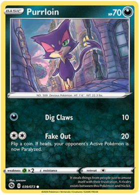 Pokemon Single Card - Champions Path 039/073 Purrloin Common Pack Fresh